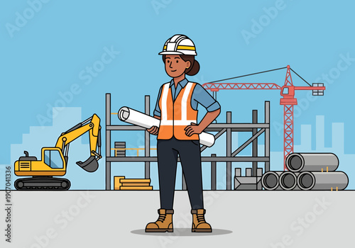 Woman architect overseeing site construction with plans excavator and crane in background representing professional career and development