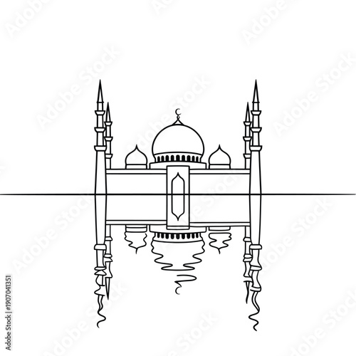 Simple line drawing of an islamic mosque with minarets and arches