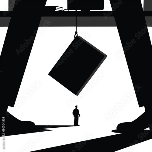 Surreal Flat Vector Silhouette of Giant Tablet as Symbol of Digital Surveillance, Hanging Screen Over Businessman, Illustration of Workplace Monitoring and Control