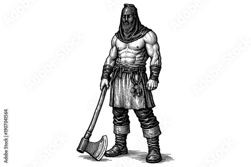 Medieval executioner standing with axe in detailed black and white art design