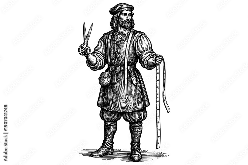 Obraz premium Vintage tailor holding scissors and measuring tape in engraved style