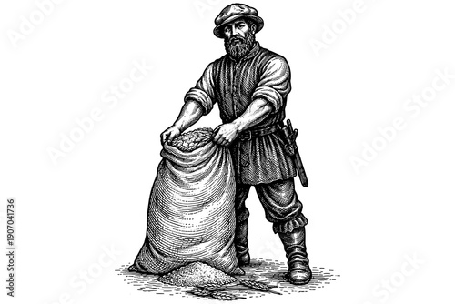 Vintage farmer with wheat grain bag in detailed hand-drawn style