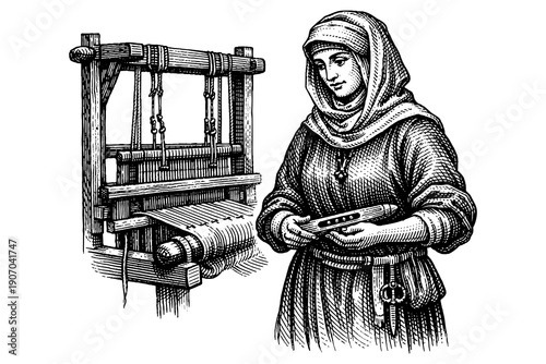 Medieval weaver in traditional attire with hand loom in detailed engraving style