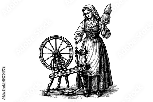 Vintage woman with spinning wheel: detailed black and white woodcut art