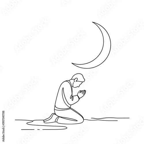 A kneeling figure in a minimalist line drawing with a crescent moon