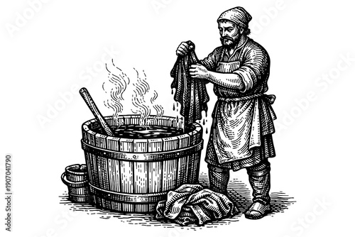 Vintage woodcut of medieval laundry man washing clothes by hand in wooden barrel