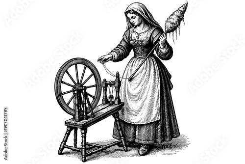 Vintage engraving of woman spinning yarn on a traditional spinning wheel