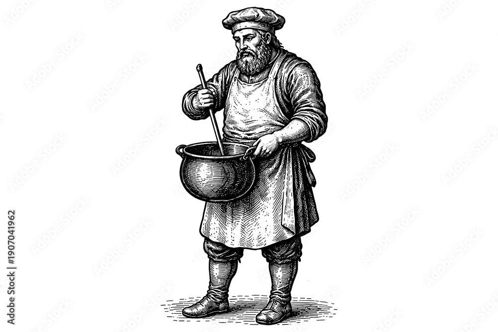 Fototapeta premium Vintage chef cooking in style: historical culinary art depiction