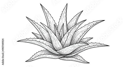 Elegant monochrome drawing of an aloe vera plant with spiky leaves and detailed textures