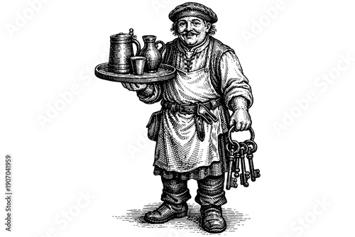 Vintage engraved butler holding keys and tray with antique tea set