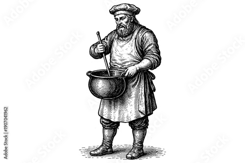 Vintage chef cooking in style: historical culinary art depiction