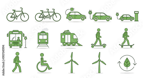 Sustainable Green Transportation Icons Set: Electric Car, Public Transit, Bicycle, Walking, and Renewable Energy Symbols for Eco Mobility.