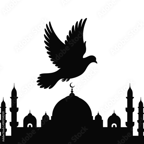 A silhouette of a dove flying over a mosque with a crescent moon