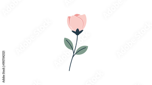 Minimalist illustration shows a single pink rosebud on a slender green stem with two leaves, representing beauty, romance, and simple natural grace.