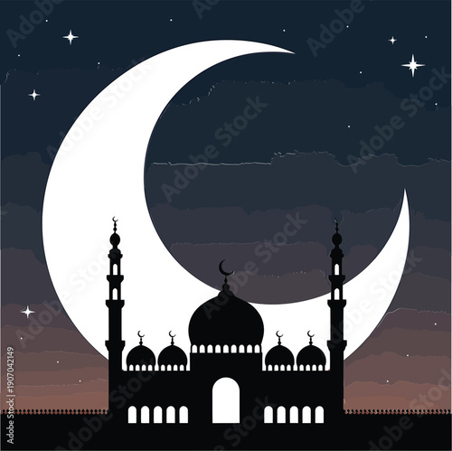 A silhouetted mosque stands beneath a large bright crescent moon