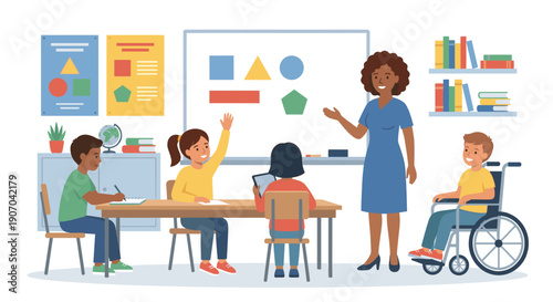 Teacher and Diverse Students in Classroom Including Child in Wheelchair Flat Vector Illustration