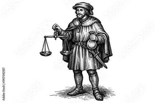 Medieval merchant holding balance scale in detailed engraving style