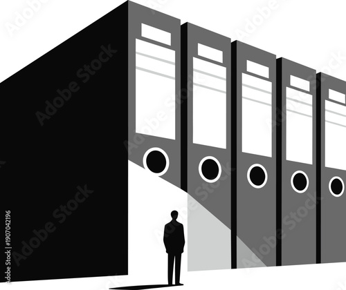 Surreal Flat Vector Silhouette of Businessman Standing Before Giant Office Binders, Symbol of Information Overload and Bureaucracy, Illustration of Data Management and Professional Burden