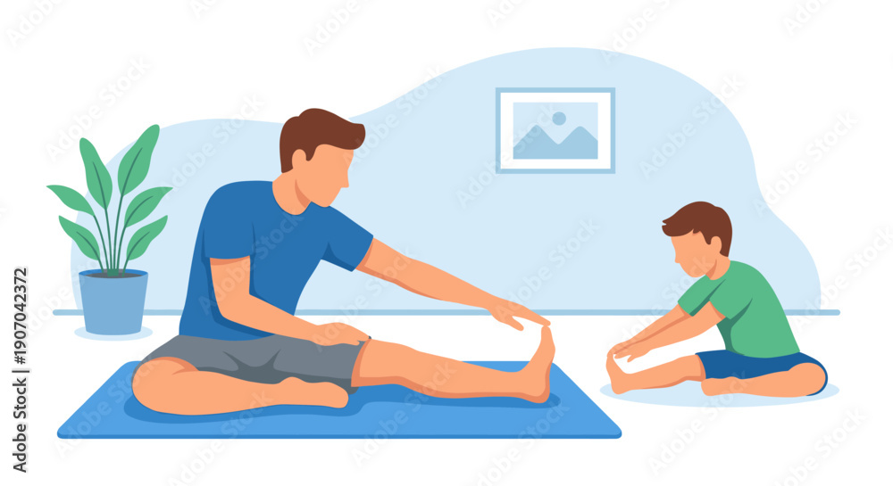 Fototapeta premium Father and son stretching together on yoga mat at home, healthy lifestyle concept, flat vector illustration