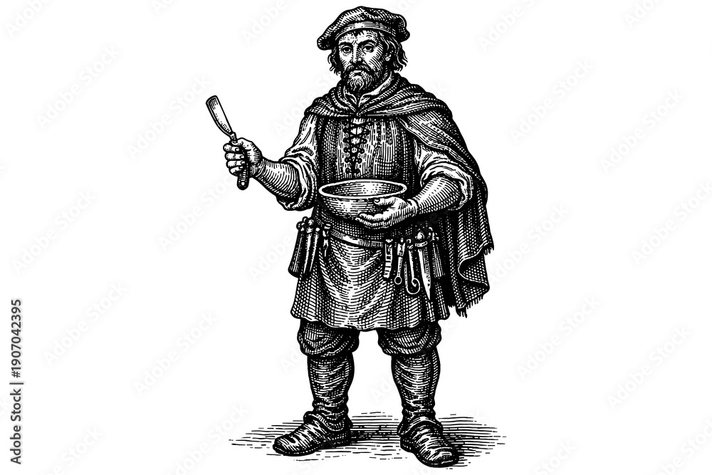 Fototapeta premium Medieval chef holding bowl and knife in traditional attire, detailed engraving