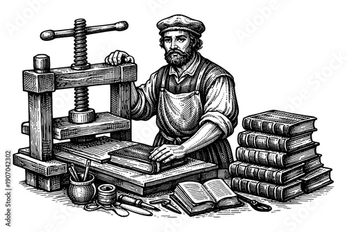 Classic woodcut style printing press with historical bookbinding theme