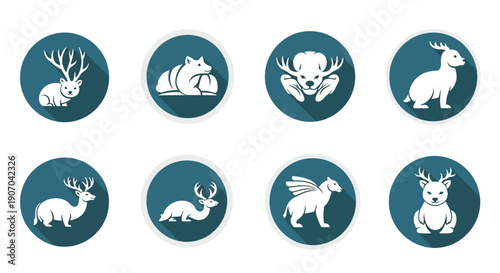 Deer and Mythical Forest Animals Icon Set. Flat Design Vector Logo Collection with Long Shadows.