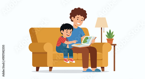 Father and son reading a book together on sofa flat vector
