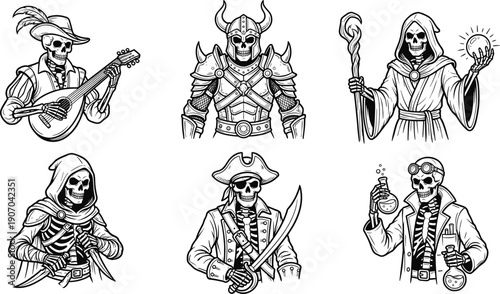 Skeleton characters gothic fantasy archetype vector set for prints and posters