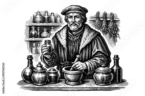 Vintage apocathary with traditional herb preparation and glass bottles