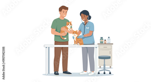 Veterinarian examining a cat with a stethoscope while male owner holds another pet, flat vector illustration