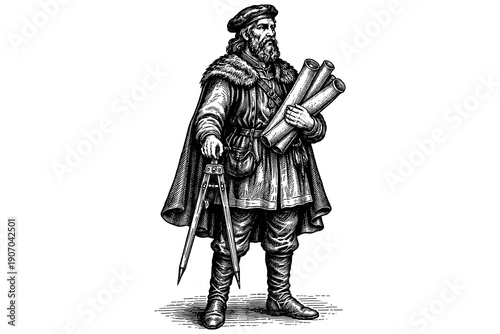 Renaissance architect with blueprints holding compass in detailed engraving style