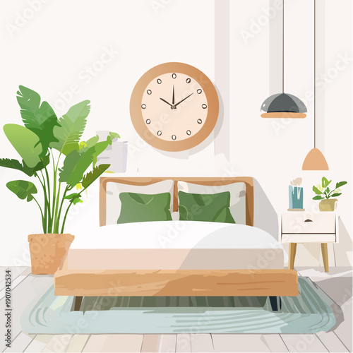 Cozy bedroom interior with a wooden bed dressed in white linens and green pillows a large potted plant and a round wall clock above natural light fills the space creating a serene atmosphere