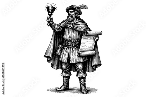 Medieval town crier holding bell and scroll in vintage engraving style