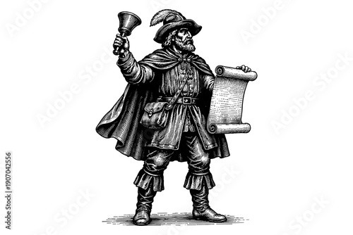 Vintage town crier with scroll and bell in detailed black and white engraving style