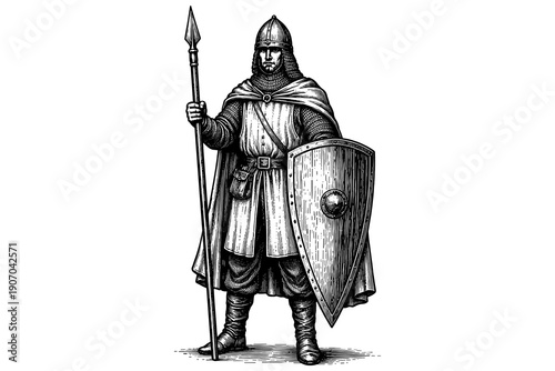 Medieval knight in armor with shield and spear in detailed black and white sketch