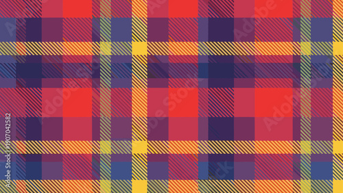 Classic plaid or tartan pattern in vibrant shades of red, purple, and yellow creates a bold and traditional textile design for various applications.