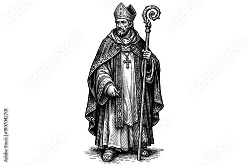 Medieval cleric in detailed robes holding a crozier