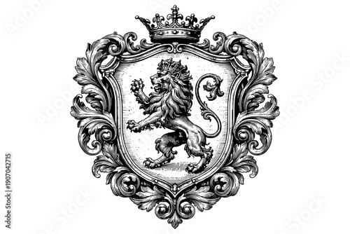 Regal lion emblem with ornate shield and crown in intricate black and white