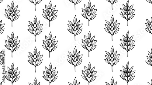 Seamless black and white pattern features rows of vertical leafy branches, creating a clean and modern botanical wallpaper or textile design effect.