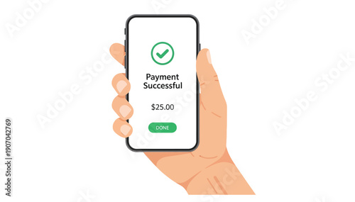 Hand holding a smartphone displaying a successful payment confirmation screen with a green check mark and transaction details clearly visible