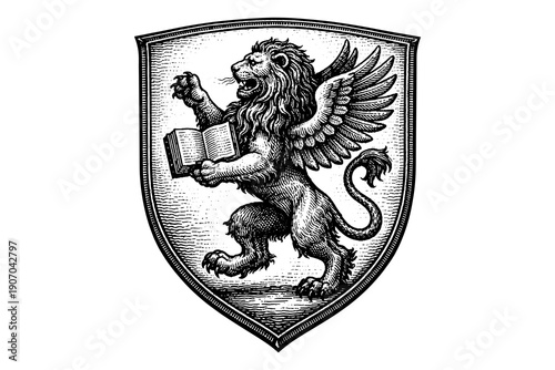 Heraldic winged lion with book in retro engraving style