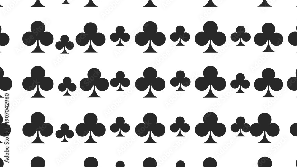 Fototapeta premium Pattern of black club suit symbols from a deck of cards is arranged in neat rows on a white background for a simple and bold graphic design effect.