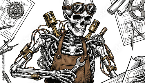 Steampunk skeleton engineer illustration with mechanical gears and tools