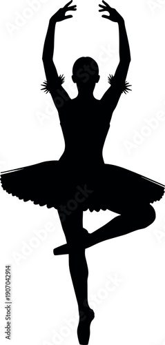 Black silhouette of a graceful ballerina girl dancing in a tutu dress and pointe shoes on white background