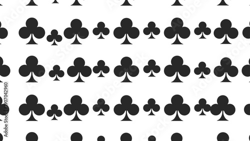 Pattern of black club suit symbols from a deck of cards is arranged in neat rows on a white background for a simple and bold graphic design effect.