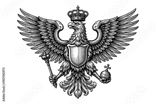Majestic heraldic eagle with crown and shield in detailed black and white engraving