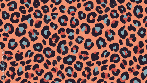 Seamless leopard print pattern uses a warm palette of coral pink, black, and light blue to create a fashionable animal skin texture.