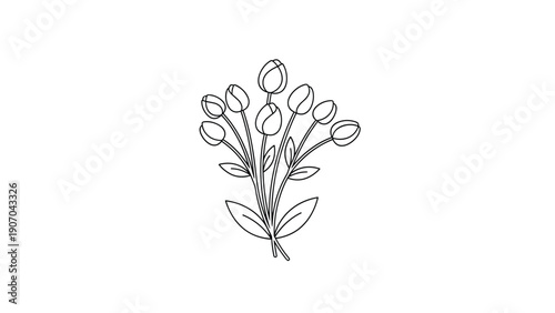 Elegant bouquet of tulips in a simple black line drawing style offers a minimalist and refined botanical illustration for various designs.