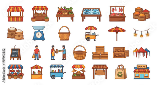 A collection of illustrated market stalls, food items, and people, all in a cartoon style.