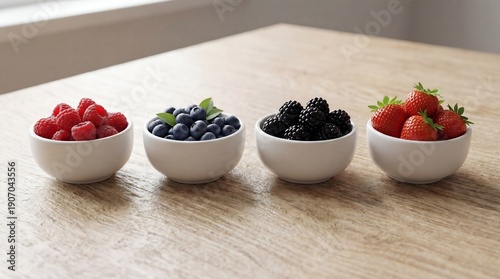 fresh berries in bowls on wooden table, healthy food concept